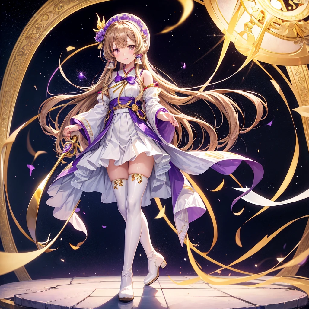 Yuzuki Yukari vocaloid 16 year old girl light brown hair golden eyes white priestess outfit with angel's hello long white boots staff with purple gems angel's light wings