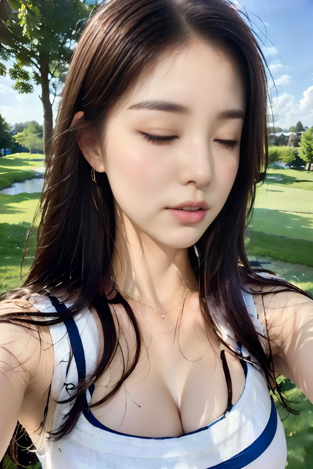 ((Highest quality, 8k, masterpiece :1.3)),((Female professional golfer)),(close your eyes:1.3),Golf course,Shirt off and lace bra,Blue Skirt,blue sky,Big Breasts:1.3,Saggy breasts,double eyelid,(masterpiece: 1.3), (Maximum resolution: 1.4), (Ultra-high resolution: 1.2), Cinematic Light, Detailed eyes and skin, 8k resolution, Perfect Style, Beautiful expression,Highly detailed face,Pure white skin:1.4,Glossy Lips:1.2,Straight Long Hairstyles,Full Body Shot,From a very intimate distance,Facing forward,tall,From above