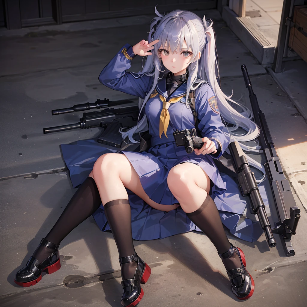 1girl、(((Highest quality、Masterpiece、Official Art、The best dynamic composition、Super detailed)))、Anime Style、Creative outfits、、Unique and original hairstyle、 holding_gun、QBU10,Sniper high school girl、Black Sailor Suit、He is lying down, holding his gun and peering down the sights.、To the audience