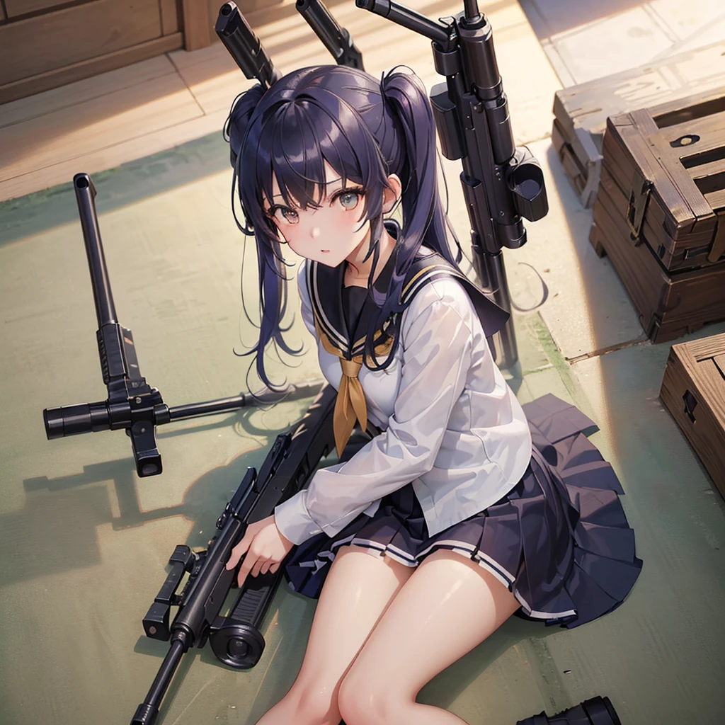 1girl、(((Highest quality、Masterpiece、Official Art、The best dynamic composition、Super detailed)))、Anime Style、Creative outfits、、Unique and original hairstyle、 holding_gun、QBU10,Sniper high school girl、Black Sailor Suit、He is lying down, holding his gun and peering down the sights.、To the audience