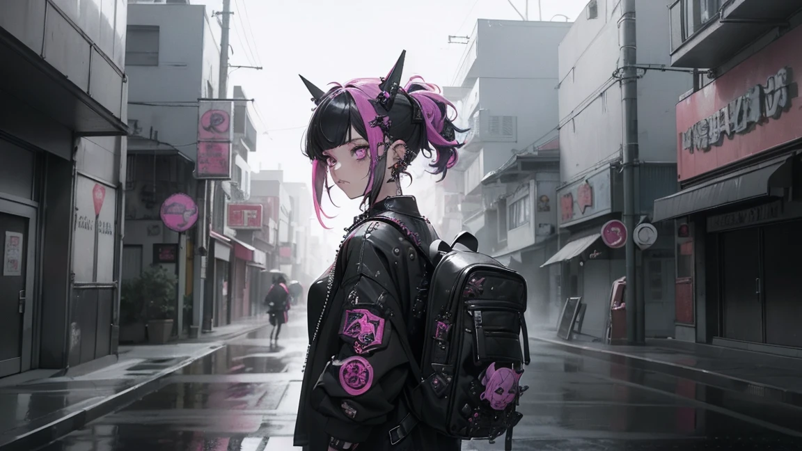(Highest quality、8k、32K、masterpiece、Hmph:1.3)、(Photorealistic:1.4),(Shoot from the front,View Viewer 1.5)、18-year-old punk girl,Unusual punk hair,(Multiple facial piercings 1.5)、((Black and shocking red punk fashion 1.5)),Clothes with studs、Black backpack on the back、(A person with bright black and pink hair.5),Wacky makeup、、Dark Background、A desolate town soaked in rain、Puddles on the road、(Cinema Lighting)、Written boundary depth,Blurred Background、