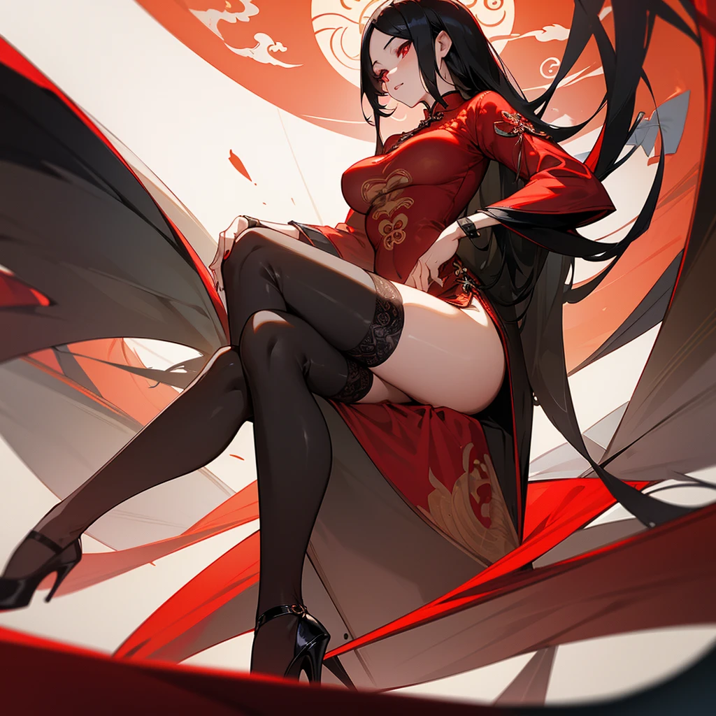 Beautiful picture, high detail, beautiful, (big breasted young woman with long black hair and bright red eyes), (wearing a red cheongsam, black stockings and high heels), Chinese restaurant.