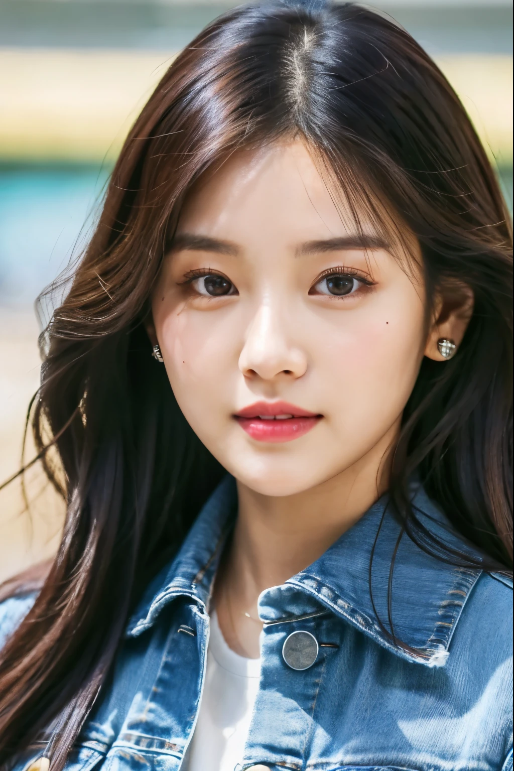 a close up of a woman with long hair wearing a denim jacket, jinyoung shin, jaeyeon nam, tzuyu from twice, ulzzang, heonhwa choe, lee ji - eun, lee ji-eun, park ji-min, wan adorable korean face, headshot profile picture, jossi of blackpink, hwang se - on, korean girl