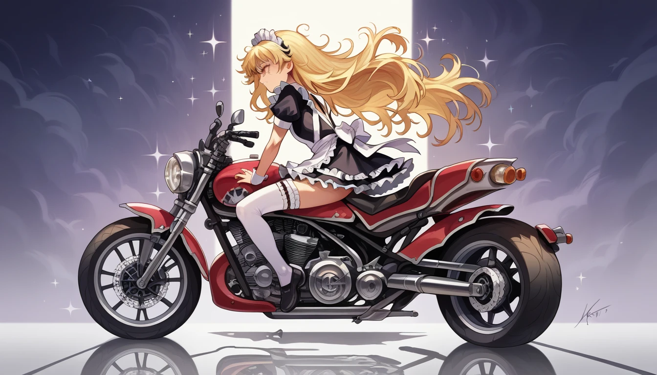 (((Best quality, 8k, Masterpiece: 1.3)), ((best quality)), ((masterpiece)), (detailed), perfect face, A maid girl, blonde hair, long hair, messy hair, ray tracing, sparkle, A maid costume with frills, high resolution, Textured skin, anime style, A maid riding a motorcycle, a maid driving a motorcycle, A motorcycle racer leaning her body to take a corner, Knee-high stockings, YAMAHA R1, (midnight highway), moonlight
