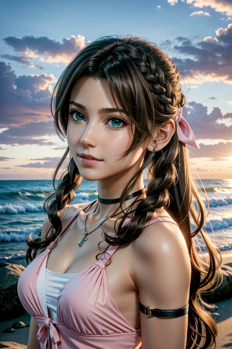 
Aerith,FF7, Long Hair, bangs, Brown Hair, bow, ribbon, jewelry, Green Eyes,  hair ピンクribbon, Braiding, hair bow, Side Lock, choker, necklace, lips, parted bangs, pink bow, Portraiture, Realistic,Super high quality,high quality,masterpiece,Digital SLR,Detailed explanation,Exquisite details,Anatomical basis,Detailed Description,Detailed face,Realistic skin texture,Sharp details,Perfect Anatomy,Perfect Anatomy,Anatomically correct hand,Anatomically correct fingers,Super Detail,Complex 3D rendering,Sexy pose,The beautiful world of Final Fantasy 7,Pink ruffled swimsuit,Wet,Beautiful sunset,Beautiful sunset beach,Fantastic beaches,Fantasy worldview,Picturesque,Pink Lips,smile,Brighten up your expression,