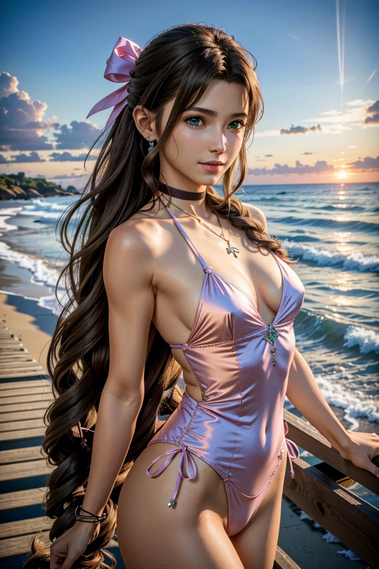 
Aerith,FF7, Long Hair, bangs, Brown Hair, bow, ribbon, jewelry, Green Eyes,  hair ピンクribbon, Braiding, hair bow, Side Lock, choker, necklace, lips, parted bangs, pink bow, Portraiture, Realistic,Super high quality,high quality,masterpiece,Digital SLR,Detailed explanation,Exquisite details,Anatomical basis,Detailed Description,Detailed face,Realistic skin texture,Sharp details,Perfect Anatomy,Perfect Anatomy,Anatomically correct hand,Anatomically correct fingers,Super Detail,Complex 3D rendering,Sexy pose,The beautiful world of Final Fantasy 7,Pink ruffled swimsuit,Wet,Beautiful sunset,Beautiful sunset beach,Fantastic beaches,Fantasy worldview,Picturesque,Pink Lips,smile,Brighten up your expression,