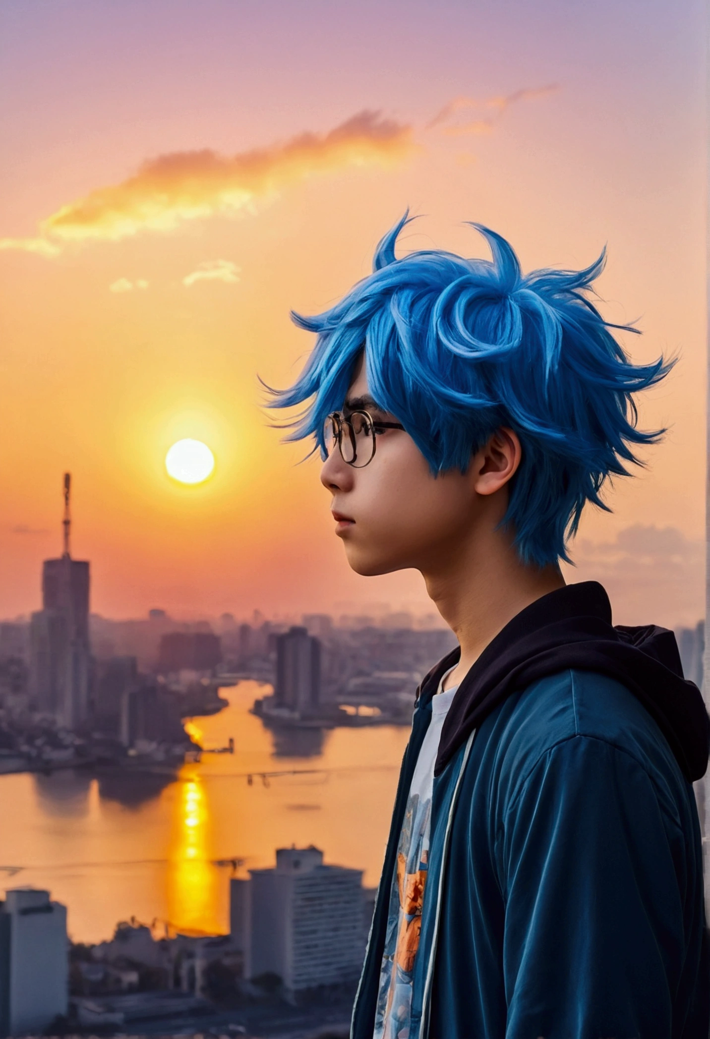 generate several different images of an anime styled studious boy Akira with blue hair looking at a sunrise