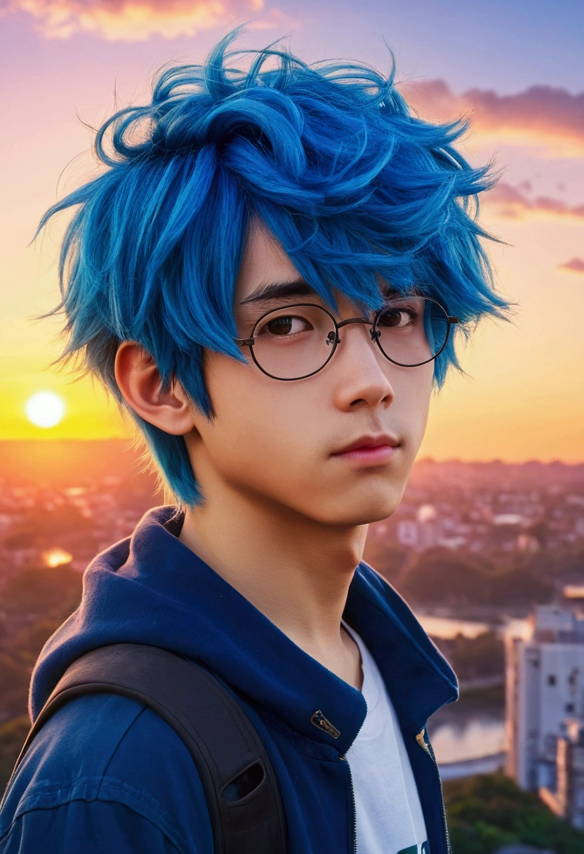 generate several different images of an anime styled studious boy Akira with blue hair looking at a sunrise