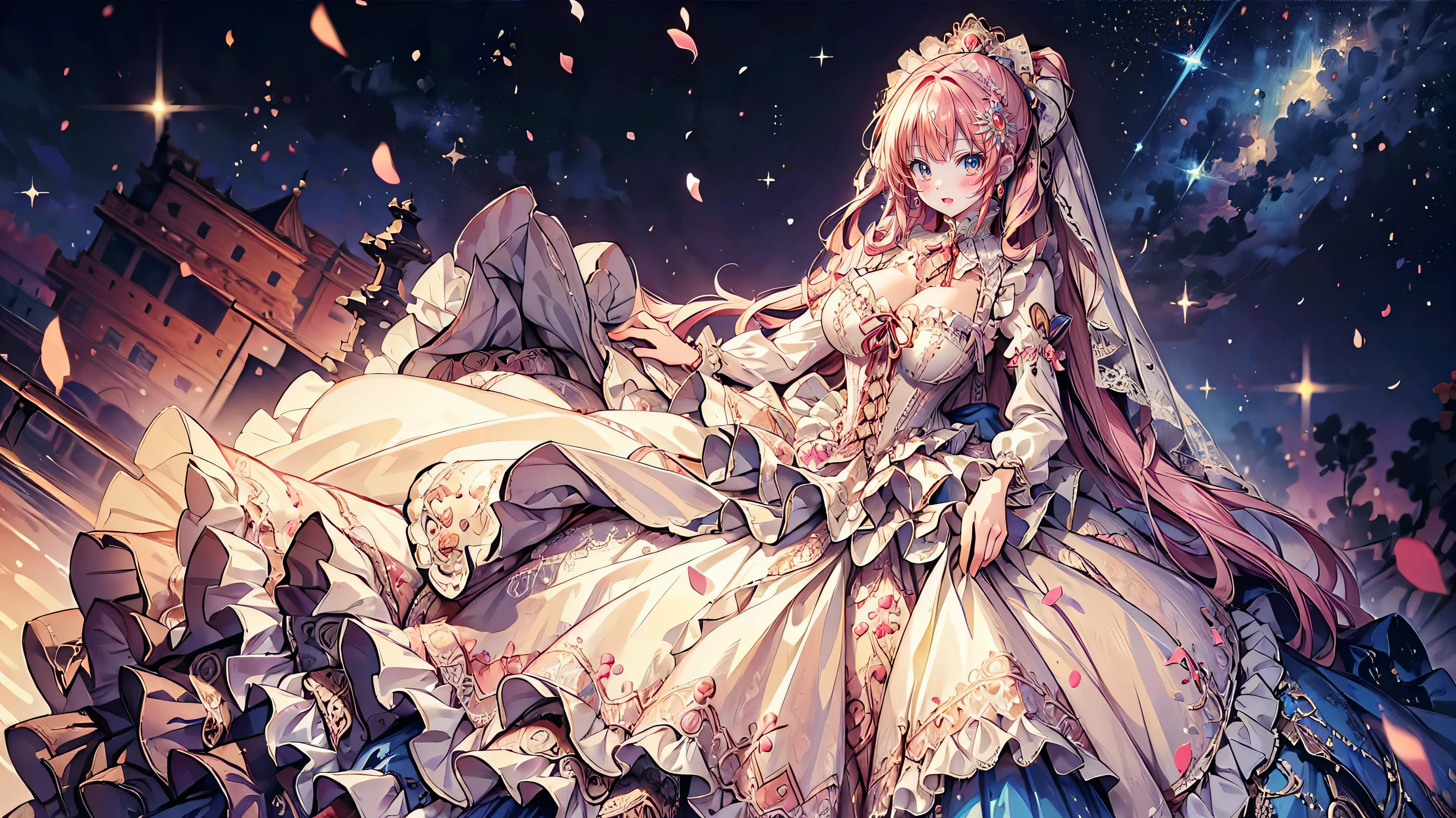 ((Superbly detailed drawing, ultra detailed, exquisite quality, absolutely resolution)), (((young face solo princess))), (((Unsurpassed gorgeous rococo victorian gown with voluminous huge hoopskirt and long hems, princess style skirt:1.5))), ((transparency gown, fluffy and full of pleats skirt:1.3)), (Super detailed and intricate exquisite design gown:1.5), ((overwhelming amount many ruffles with ribbons with intricate lace with Super detailed and intricate embroidery gown:1.9)), ((huge breasts, breasts cleavage)), (ponytail, fluffy long Expressive, hair pink hair), super voluminous long hair, hair ornament tiara, embarrassed, (((curtsey:2))), (blurry background, depth of field:1.5), super detailed skin, super delicate and beautiful face, (eyes blue eyes), (backlighting, particle effect, caustics), (((sharp focus))), ((lot's of colorful flowers, in fog forest:1.5)), (fisheye lens:1.2), (very wide shot, magnificent panorama view, dynamic angle:1.5), ((full body)), (looking viewer, looking up, from above, from front:1.5), 