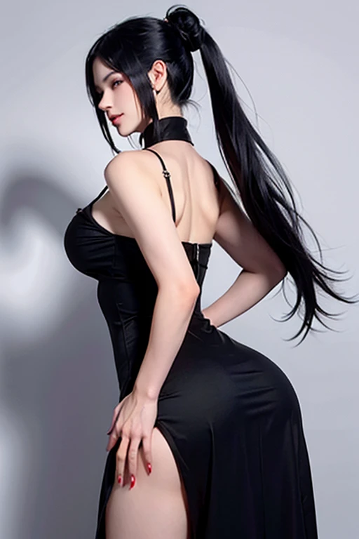 make a girl of approximately 21 years old with the gothic style who has a very large and round buttocks with visible breasts from the back 