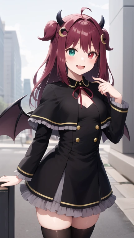 masterpiece, best quality, highres, aaroa, long hair, two side up, ahoge, hair ornament, horns, heterochromia, fang, wings, small breasts, neck ribbon, frilled capelet, black capelet, black dress, long sleeves, black thighhighs, standing, cowboy shot, outdoors, smile