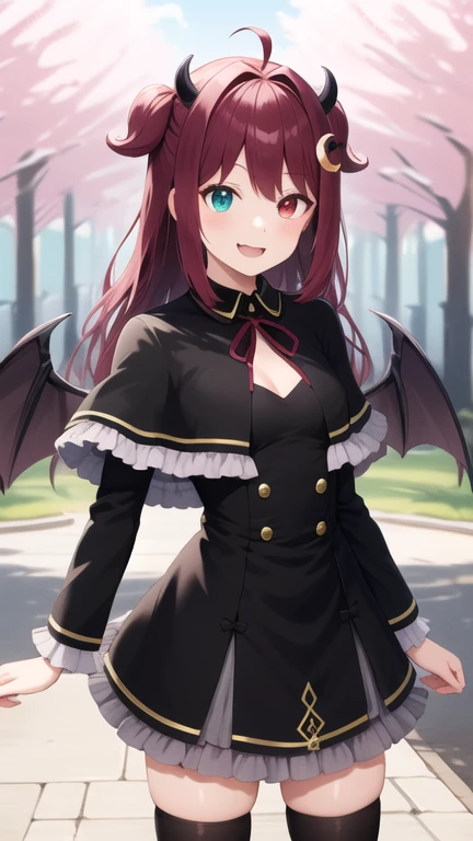 masterpiece, best quality, highres, aaroa, long hair, two side up, ahoge, hair ornament, horns, heterochromia, fang, wings, small breasts, neck ribbon, frilled capelet, black capelet, black dress, long sleeves, black thighhighs, standing, cowboy shot, outdoors, smile