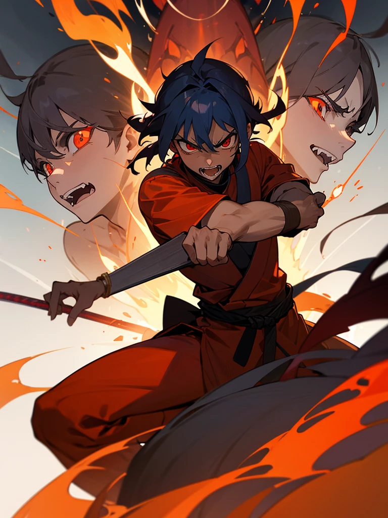 Acala, male、Red earth colored clothing、Blue-black skin、A look of rage、have a sharp sword、Lasso Rope、Show your fangs、Burning Flames