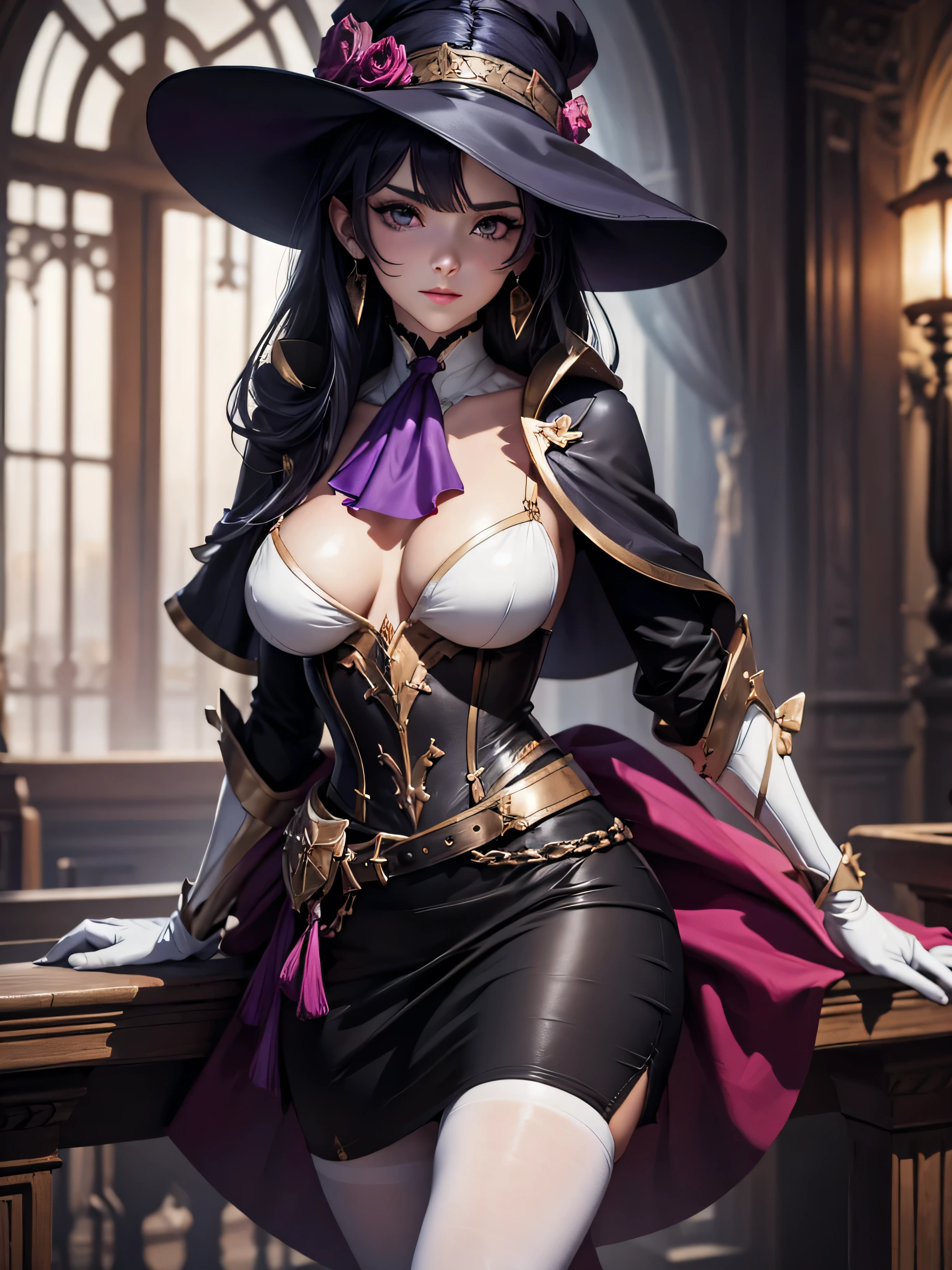 masterpiece, 32k uhd best quality, highly detailed, 1 girl, solo, giclorinde, purple eyes, big breasts, hair between eyes, long hair, dark blue hair, earrings, black skirt, miniskirt, pantyhose, purple ascot, purple capelet, black corset , black pantyhose, black skirt, white gloves, hat, tricorn hat, in fontaine.