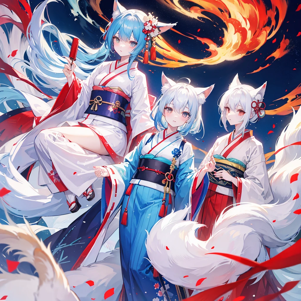 Kitsune, fox, white-blue hair stripes, traditional clothes, kimono