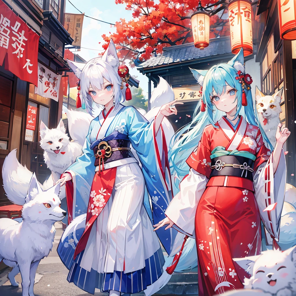 Kitsune, fox, white-blue hair stripes, traditional clothes, kimono