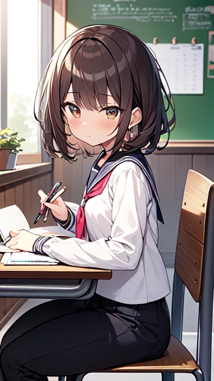 Let's think step by step,Highest quality, masterpiece, Ultra-high resolution, 8k,Show anime style ,Soft Line Art, Digital Enhancement, shojo anime touch, shojo manga core, Flowing fabric, close, Soft Drawing, Ultra-Definition Digital Anime Art, Clear facial depiction, Super detailed girl cartoon character art, Ultra-detailed manga style, Highest qualityの色,
(((1People Women))),(A woman with short brown hair),Beautiful brown hair, (((Clear brown eyes))), Slightly chubby,Small breasts,The butt is small,Sailor suit,
(((She is sitting in a chair and studying at her desk.))),from side,Her serious gaze,(((looking a notebook))),classroom,White curtains,Timetable on the wall。The day's duty is written on the blackboard,