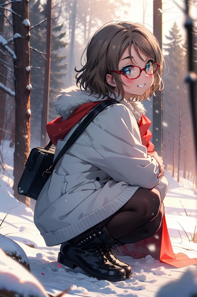 Yo Watanabe, Yu Watanabe, short hair, blue eyes, Brown Hair, smile, Grin,Center of chest,Black-rimmed glasses,
Open your mouth,snow,Ground bonfire, Outdoor, boots, snowing, From the side, wood, suitcase, Cape, Blurred, having meal, forest, White handbag, nature, Squat, Mouth closed, Cape, winter, Written boundary depth, Black shoes, red Cape break looking at viewer, Upper Body, whole body, break Outdoor, forest, nature, break (masterpiece:1.2), Highest quality, High resolution, unity 8k wallpaper, (shape:0.8), (Beautiful and beautiful eyes:1.6), Highly detailed face, Perfect lighting, Extremely detailed CG, (Perfect hands, Perfect Anatomy),