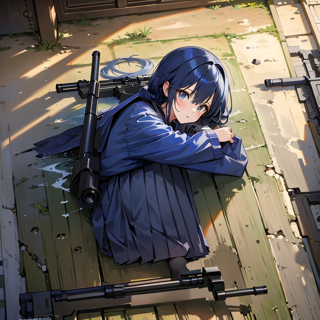 1girl、(((Highest quality、Masterpiece、Official Art、The best dynamic composition、Super detailed)))、Sniper high school girl、Black Sailor Suit、Anime Style、Creative outfits、、Unique and original hairstyle、 holding_gun、QBU10,He is lying down, holding his gun and peering down the sights.、To the audience