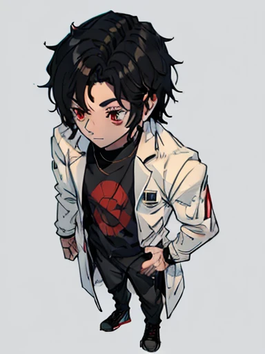 boy,pele brothers, medium length straight black hair, black sweatshirt that covers the entire arm, Asian Red Eyes, body skinny, black pants with a red stripe, white sneakers, whole body