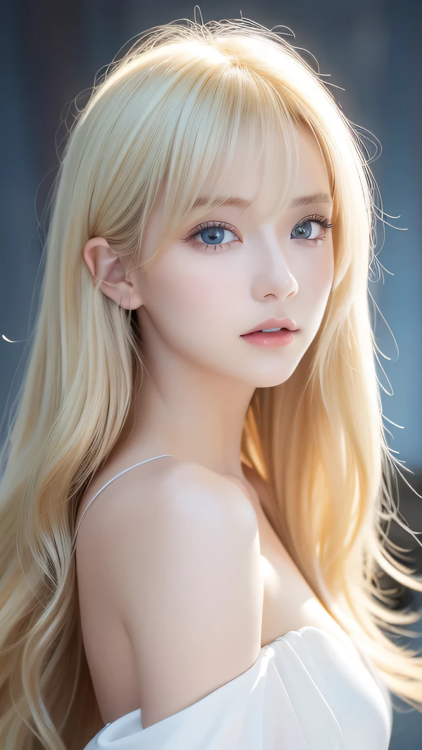 8k,Highest quality,The real picture,Intricate details,超A high resolution,Depth Field,Masseter muscle area,Natural soft light,Professional Lighting,1 girl,(cute:1.2),(Gothic Fashion),Bright expression,Young shiny glossy white glossy skin,The ultimate beauty,The ultimate beautiful blonde girl,The most beautiful platinum blonde hair in the world,Shiny light blonde hair,Long silky blonde hair,Shiny beautiful bangs,Sparkling, clear and attractive blue eyes,Very beautiful, lovely, cute1, baby-faced blonde girl、Blond hair blowing in the wind、Off the shoulder