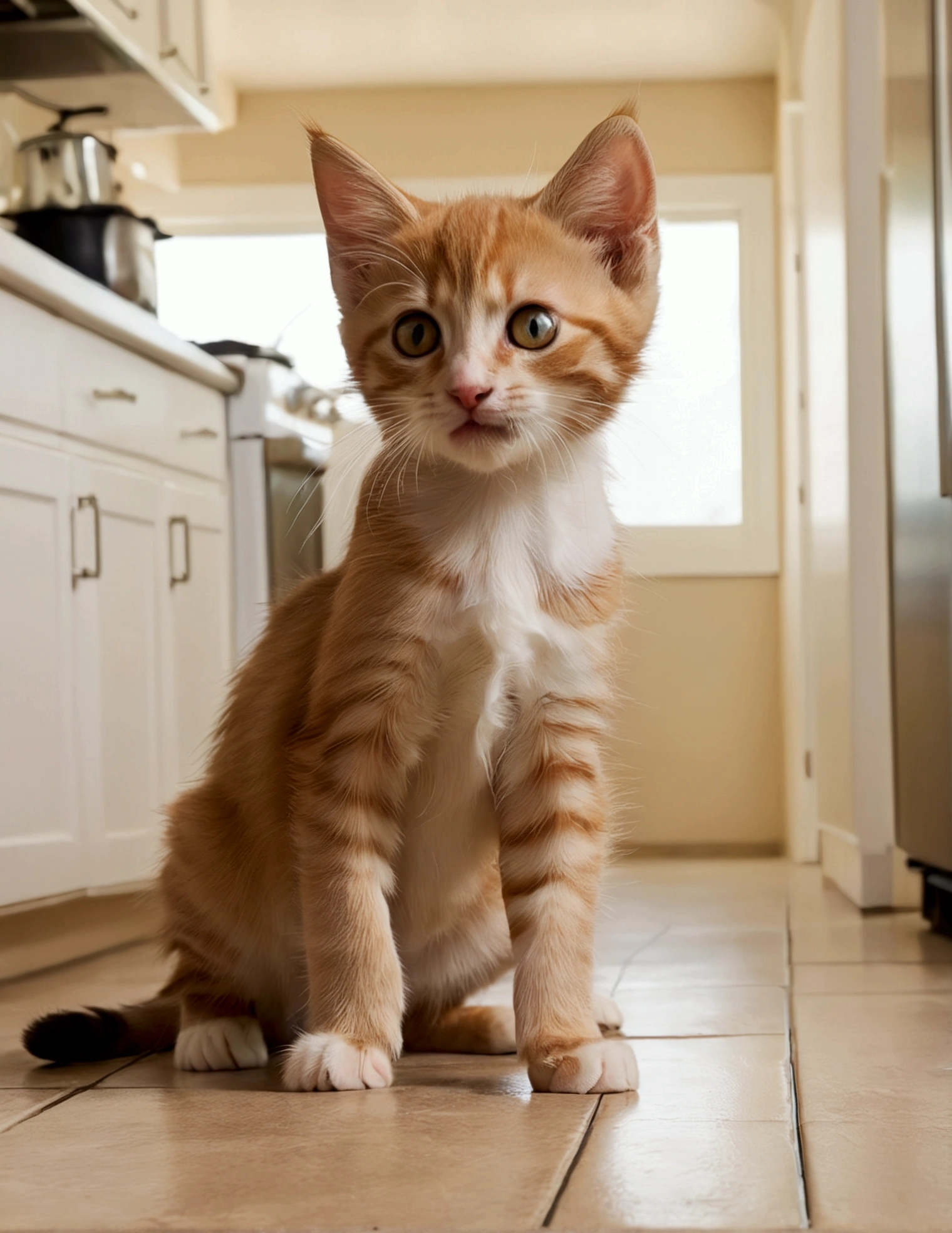 A small crawling on the floor is baffled as a kitten rears up on its hind legs with its paws spread offering to play, kitchen floor