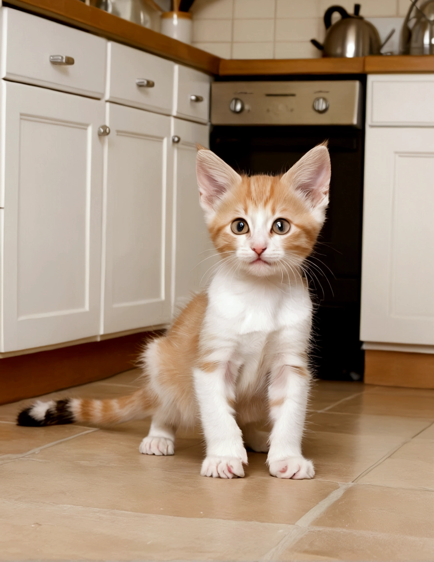 A small crawling on the floor is baffled as a kitten rears up on its hind legs with its paws spread offering to play, kitchen floor