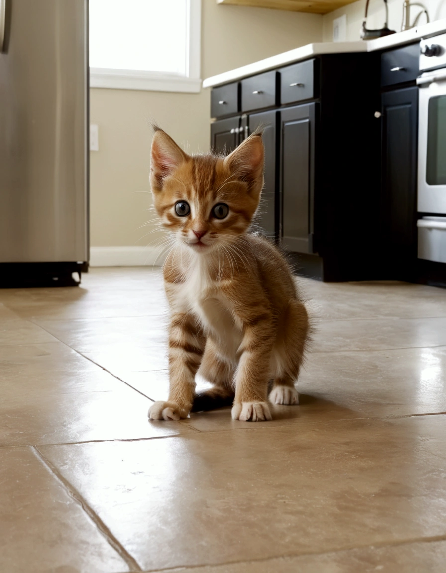 A small  crawling on the floor is baffled as a kitten rears up on its hind legs with its paws spread offering to play, kitchen floor