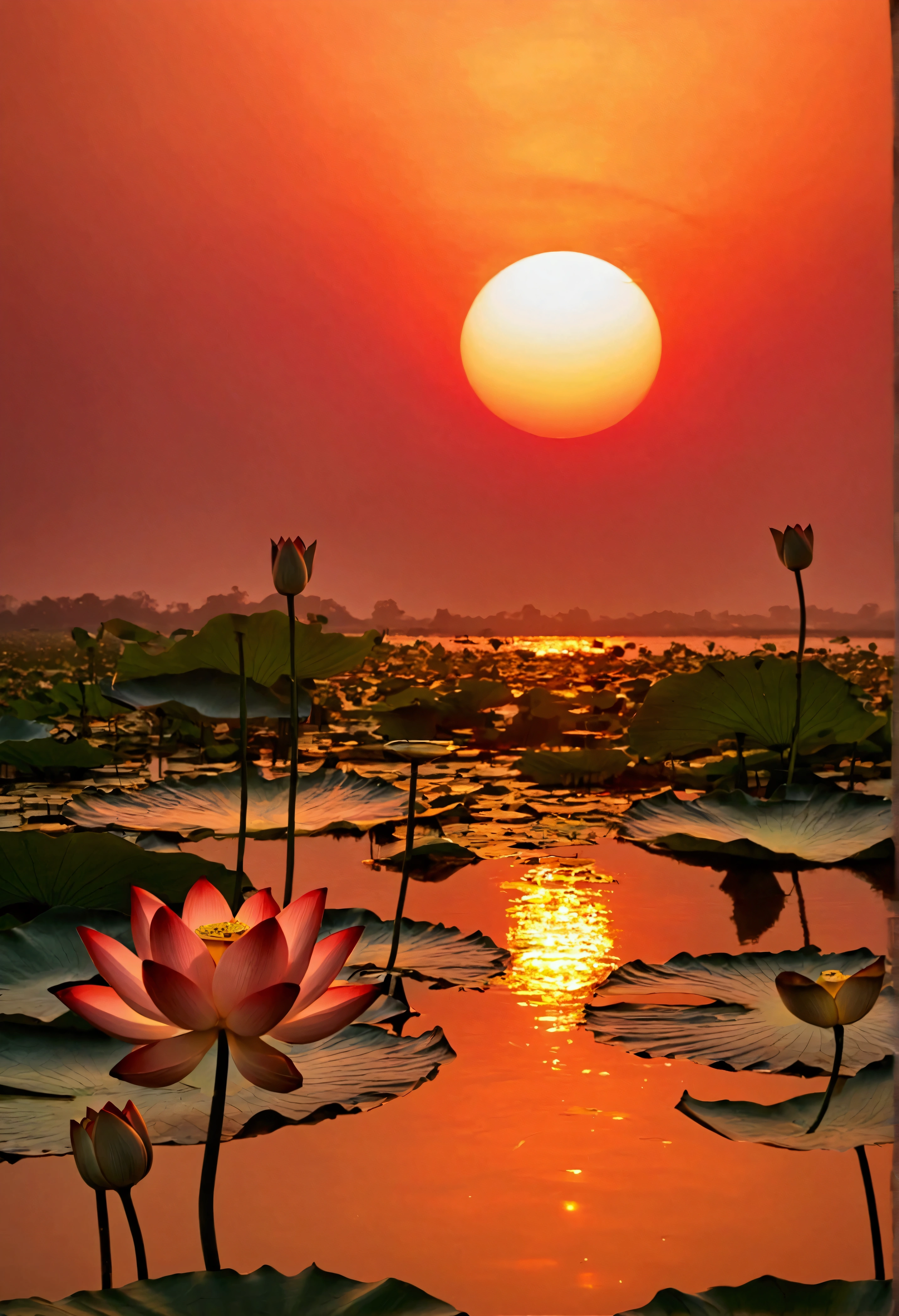 Red sunset and lotus
