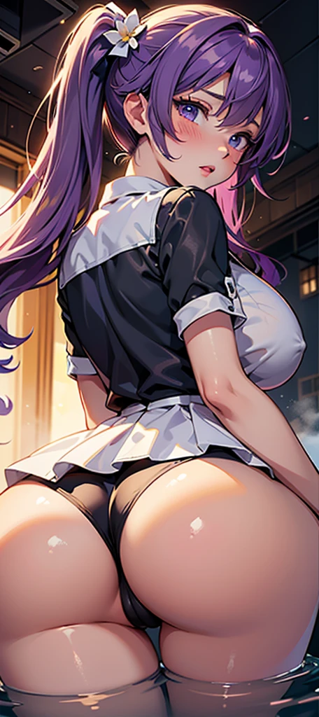 ((Best quality, nsfw,detailed background,depth of field, volumetric lighting, sharp focus, Absurd, ultra-detailed), 1 girl ((beautiful,21s, big breasts, saori kido, purple long hair,blushing, big breasts)), wrapped in a bath towel