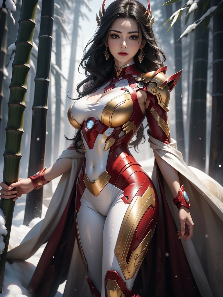 1womanl，36 years old，Milf，mature，Bigchest，Big breasts Thin waist，long leges，Raised sexy，Pornographic exposure， standing on your feet（Background with：bamboo forrest，at winter season，Snow on the ground，NOWAI） She has short black hair，dynamicposes，Sweat profusely，drenched all over the body，seen from the front， hair straight， mostly cloudy sky，（（（tmasterpiece），（Very detailed CG unity 8K wallpaper），best qualtiy，cinmatic lighting，detailed back ground，beatiful detailed eyes，Bright pupils，（Very fine and beautiful），（Beautiful and detailed eye description），Black eyes，Redlip，ultra - detailed，tmasterpiece，）），facing at camera，（The upper part of the body），A high resolution，ultra - detailed），revealing breasts，Bare genitals，  Bulge，legs are open，sexyposture，Camel toes，Flushed complexion，Open-mouthed，frontage，Gold Saint Seiya，Lotus hair ornaments，（Wearing：White jumpsuit，Armour，Gold wire embroidery，Iron Man uniform）