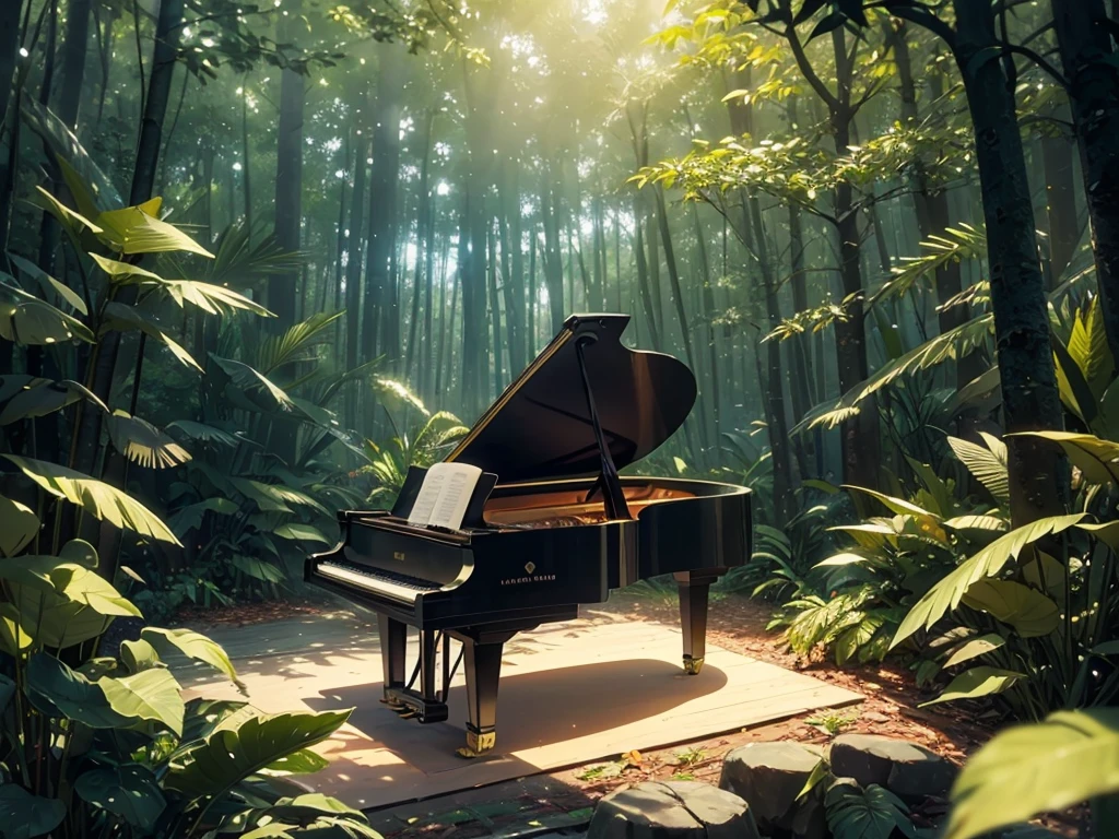 A Shineing white piano,no characters needed,forest,Tall tree々, the Highest quality, Best reflection ever. (Very detailedCG統合8k壁紙), (Highest quality), (Best illustrations), (Best Shadow), forest theme with Natural elements. small Shineing mushrooms surrounded by delicate leaf and branch, with ホタル and Shineing Particle Effects,, (Natural elements), (Jungle theme), (leaf), (branch),(delicate leaf), (Shine), (Particle Effects). , Isometric 3D, Octane Rendering, Ray Tracing, Very detailed、There is a grand piano sitting there.