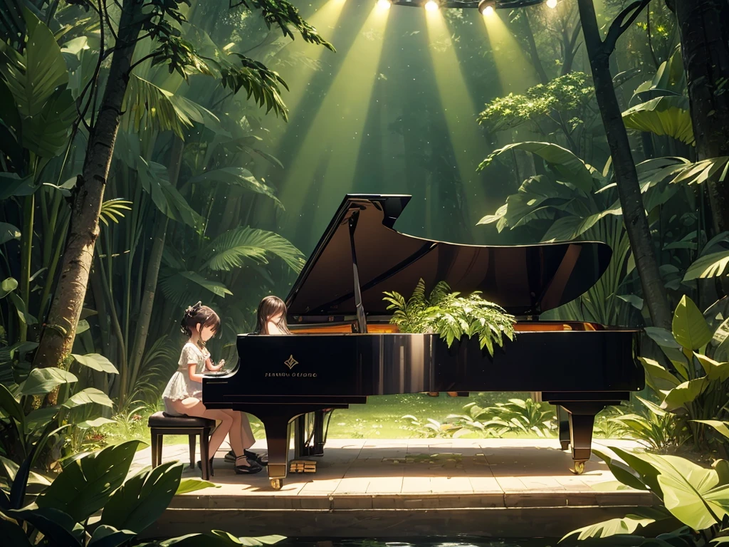 A Shineing white piano,no characters needed,forest,Tall tree々, the Highest quality, Best reflection ever. (Very detailedCG統合8k壁紙), (Highest quality), (Best illustrations), (Best Shadow), forest theme with Natural elements. small Shineing mushrooms surrounded by delicate leaf and branch, with ホタル and Shineing Particle Effects,, (Natural elements), (Jungle theme), (leaf), (branch),(delicate leaf), (Shine), (Particle Effects). , Isometric 3D, Octane Rendering, Ray Tracing, Very detailed、There is a grand piano sitting there.