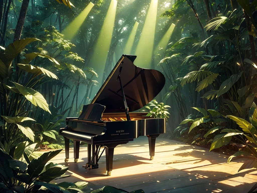 A Shineing white piano,no characters needed,forest,Tall tree々, the Highest quality, Best reflection ever. (Very detailedCG統合8k壁紙), (Highest quality), (Best illustrations), (Best Shadow), forest theme with Natural elements. small Shineing mushrooms surrounded by delicate leaf and branch, with ホタル and Shineing Particle Effects,, (Natural elements), (Jungle theme), (leaf), (branch),(delicate leaf), (Shine), (Particle Effects). , Isometric 3D, Octane Rendering, Ray Tracing, Very detailed、There is a grand piano sitting there.