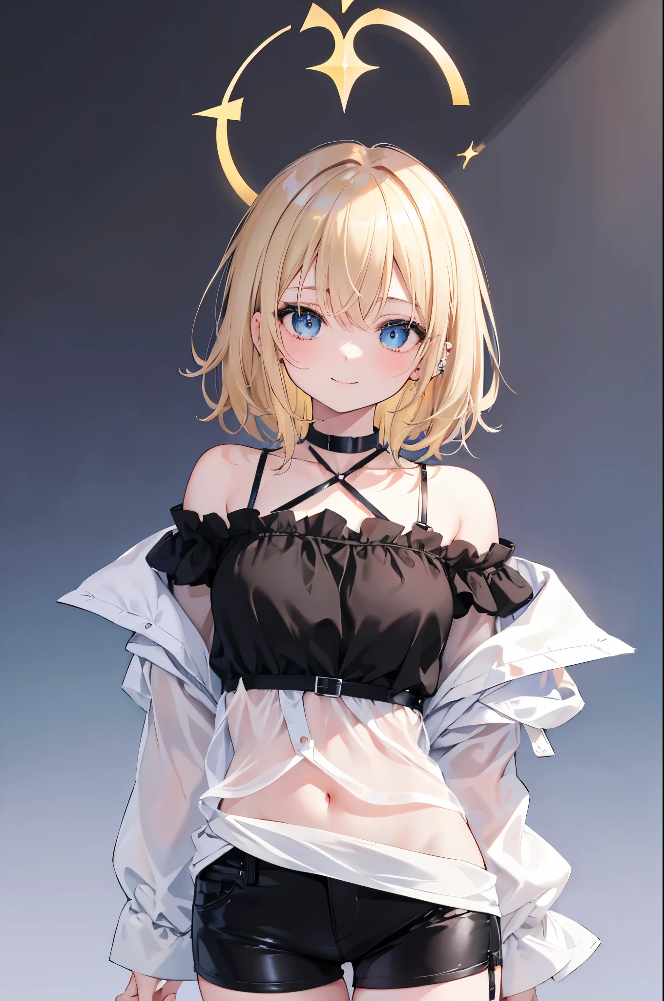 high resolution,smile,woman,woman1人,adult,cute,Medium Hair,Blonde Hair,Light blue eyes,Black off-the-shoulder blouse,Black shorts,Piercing,Black choker, Background white,Simple background,Touching your face,crazy smile,