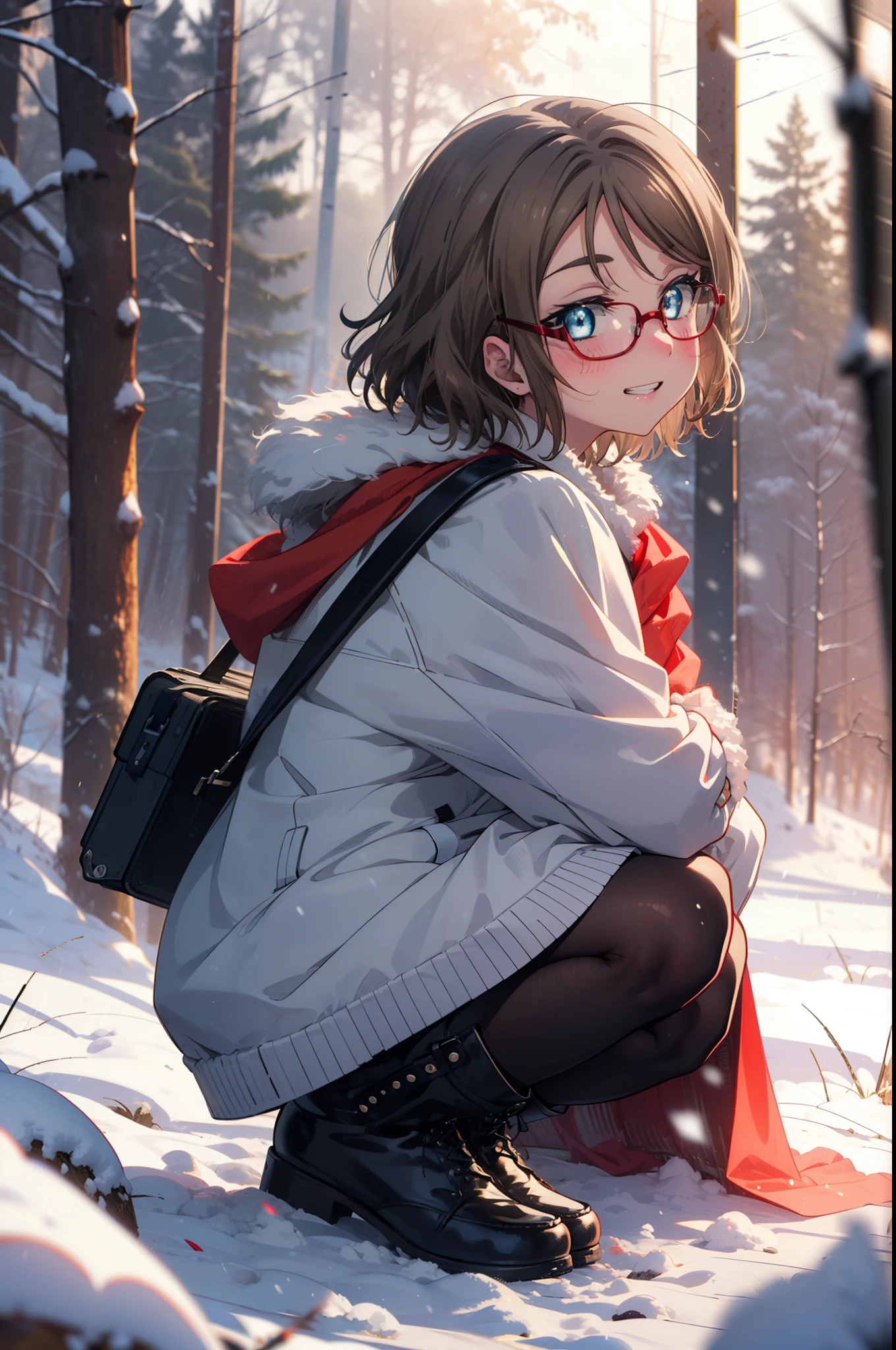 Yo Watanabe, Yu Watanabe, short hair, blue eyes, Brown Hair, smile, Grin,Center of chest,Black-rimmed glasses,
Open your mouth,snow,Ground bonfire, Outdoor, boots, snowing, From the side, wood, suitcase, Cape, Blurred, having meal, forest, White handbag, nature, Squat, Mouth closed, Cape, winter, Written boundary depth, Black shoes, red Cape break looking at viewer, Upper Body, whole body, break Outdoor, forest, nature, break (masterpiece:1.2), Highest quality, High resolution, unity 8k wallpaper, (shape:0.8), (Beautiful and beautiful eyes:1.6), Highly detailed face, Perfect lighting, Extremely detailed CG, (Perfect hands, Perfect Anatomy),