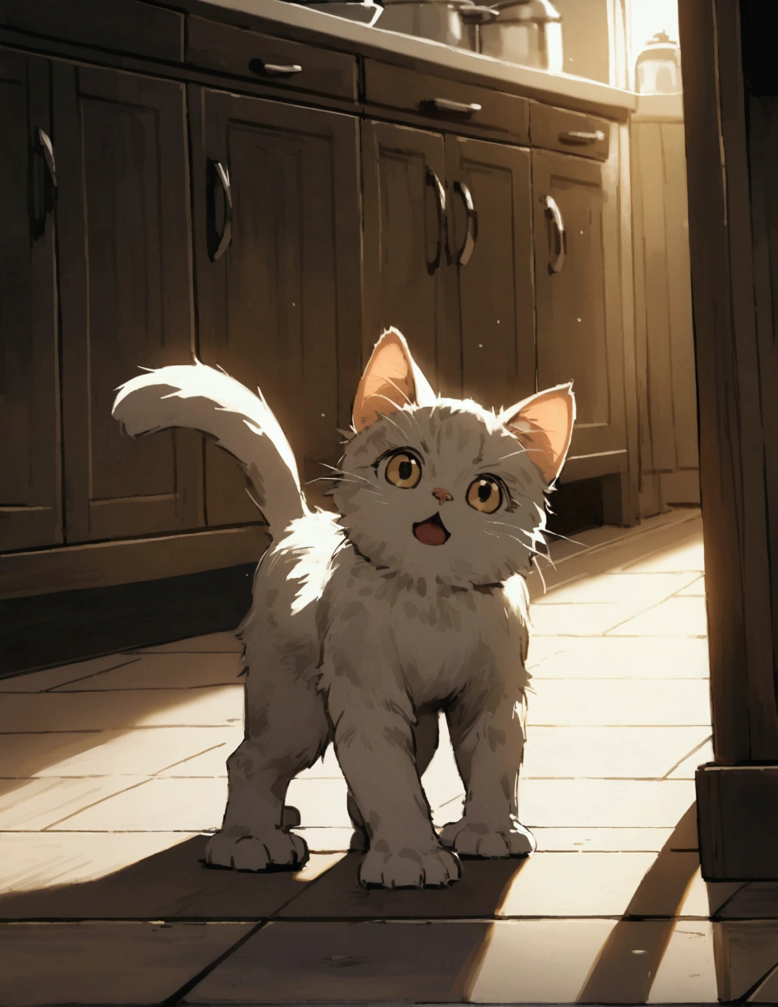 A small kid crawling on the floor is baffled as a kitten rears up on its hind legs with its paws spread offering to play, kitchen floor
