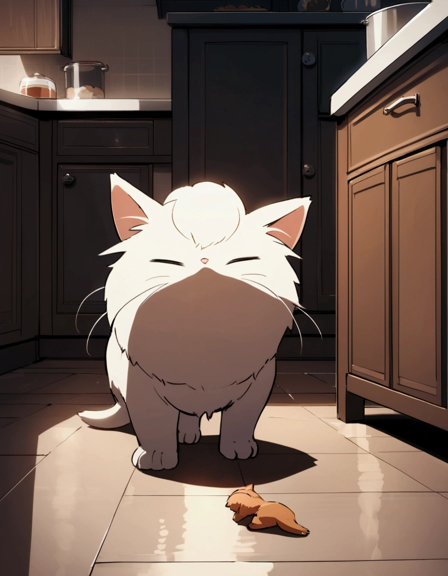 A small kid crawling on the floor is baffled as a kitten rears up on its hind legs with its paws spread offering to play, kitchen floor
