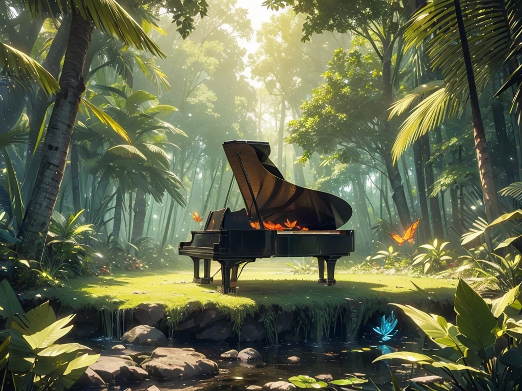 masterpiece, the Highest quality, Best reflection ever. (Very detailedCG統合8k壁紙), (Highest quality), (Best illustrations), (Best Shadow), forest theme with Natural elements. forest,Tall tree々,White Piano,piano Shine,fire Fly,Small animals, small Shineing mushrooms surrounded by delicate leaf and branch, with fire Fly and Shineing Particle Effects,, (Natural elements), (Jungle theme), (leaf), (branch), (fire Fly), butterfly, (delicate leaf), (Shine), (Particle Effects). , Isometric 3D, Octane Rendering, Ray Tracing, Very detailed