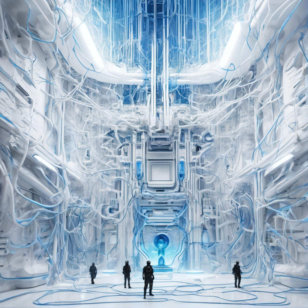 album cover, citadel scene, white background with electrified membranes with nanotechnology, electricity cables, with blue energy light, masterpiece, 8k, insane detailed, sci fi