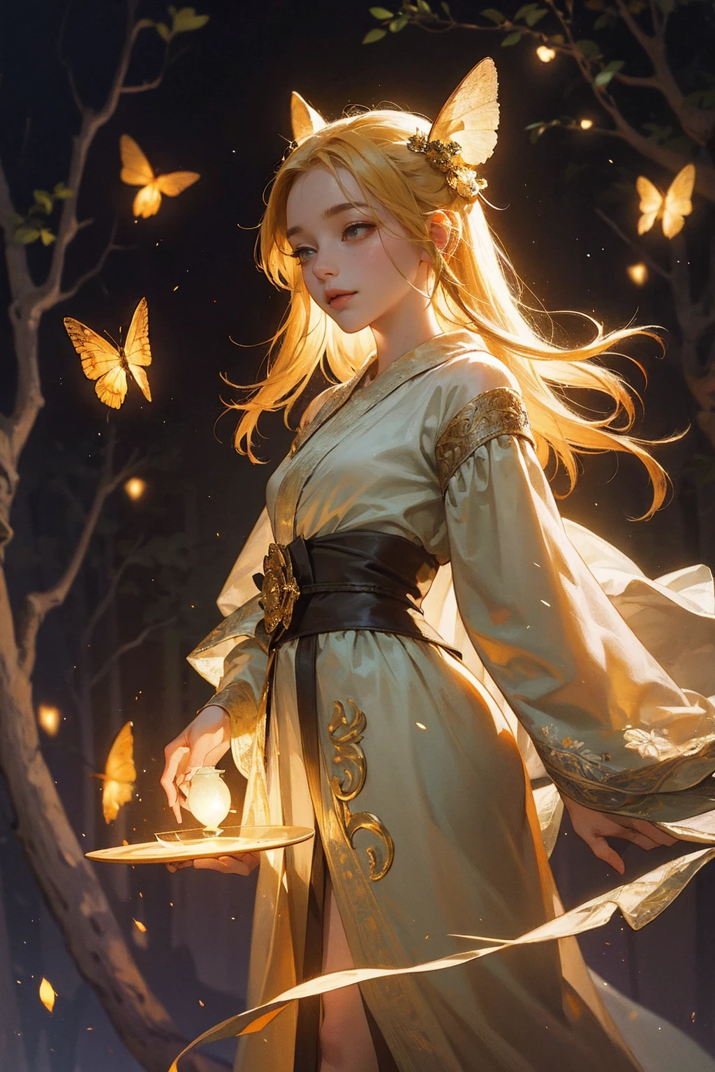 1 girl, ,,Simple smile, High-definition images, A woman, Her hair is decorated with glowing fireflies, There is a charming light in the eyes. Wearing a robe woven from moonlight, She stood in a mysterious forest，The trees come alive. on site, Bathed in the ethereal light of fireflies, Captured in an enchanted forest art style., (masterpiece, best quality, Official Art,Intricate details:1.2)