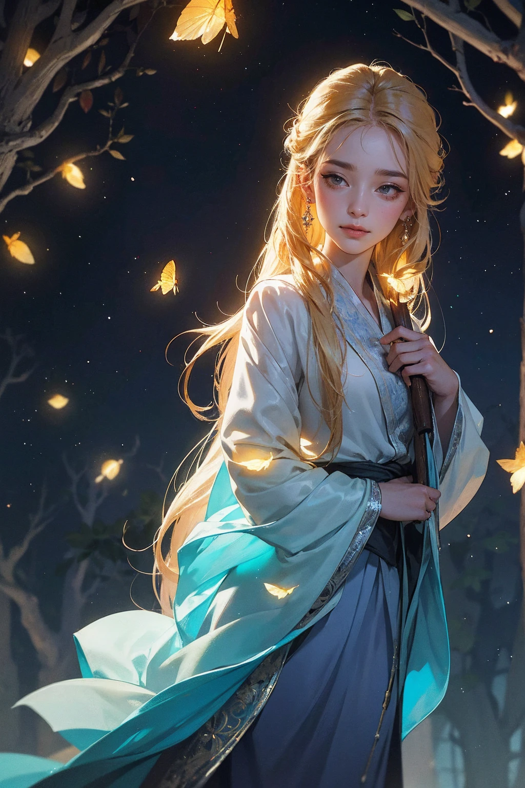 1 girl, ,,Simple smile, High-definition images, A woman, Her hair is decorated with glowing fireflies, There is a charming light in the eyes. Wearing a robe woven from moonlight, She stood in a mysterious forest，The trees come alive. on site, Bathed in the ethereal light of fireflies, Captured in an enchanted forest art style., (masterpiece, best quality, Official Art,Intricate details:1.2)