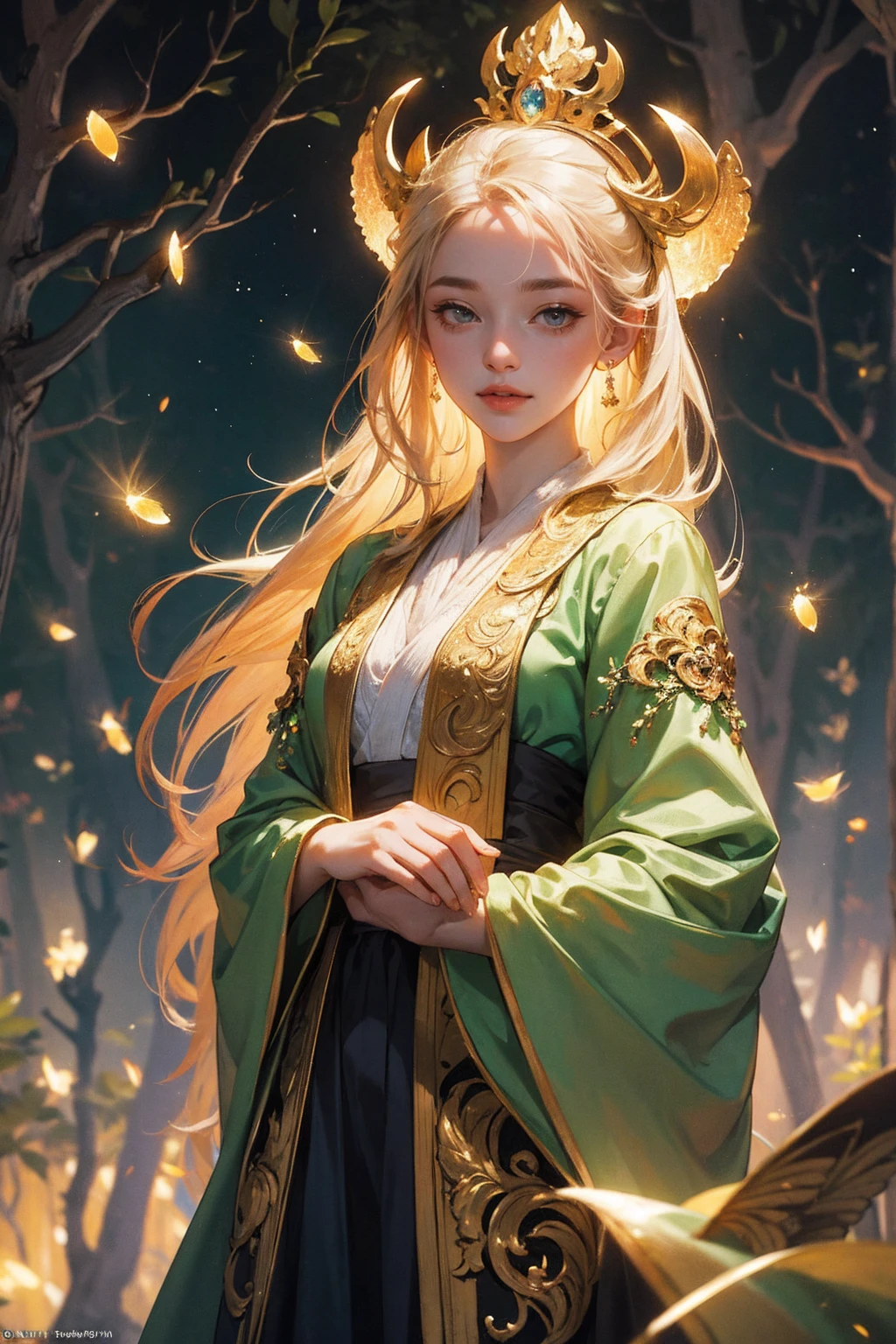 1 girl, ,,Simple smile, High-definition images, A woman, Her hair is decorated with glowing fireflies, There is a charming light in the eyes. Wearing a robe woven from moonlight, She stood in a mysterious forest,The trees come alive. on site, Bathed in the ethereal light of fireflies, Captured in an enchanted forest art style., (masterpiece, best quality, Official Art,Intricate details:1.2)