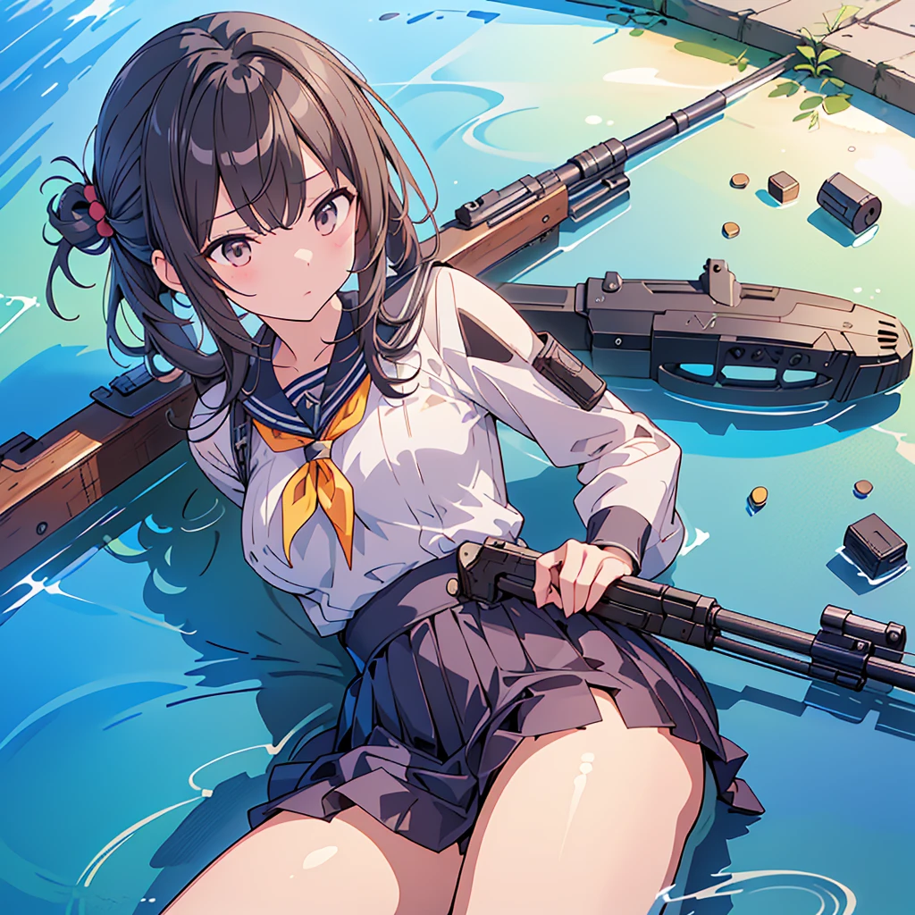 1girl、(((Highest quality、Masterpiece、Official Art、The best dynamic composition、Super detailed)))、Sniper high school girl、Black Sailor Suit、Anime Style、Creative outfits、、Unique and original hairstyle、 holding_gun、QBU10,He is lying down, holding his gun and peering down the sights.、To the audience