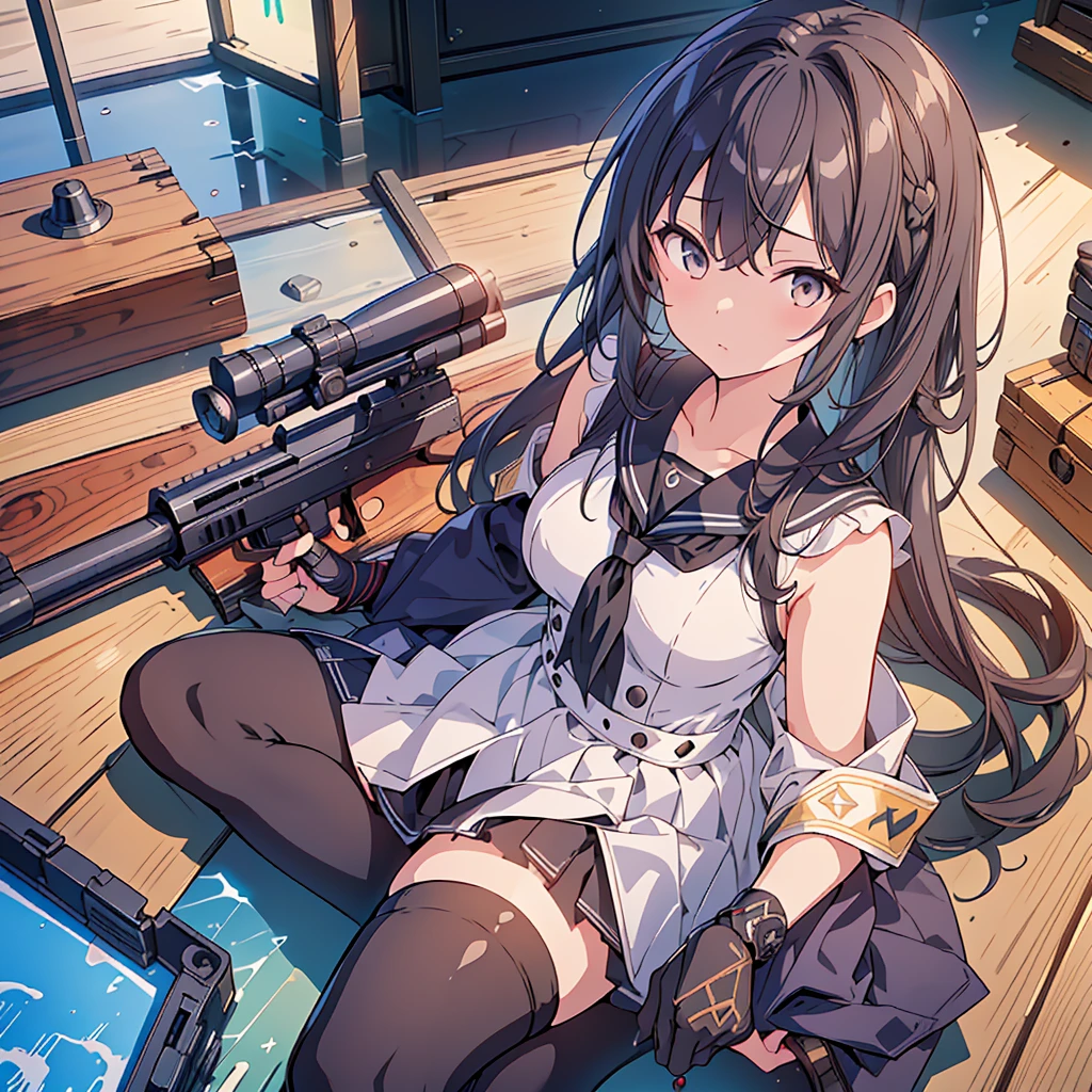 1girl、(((Highest quality、Masterpiece、Official Art、The best dynamic composition、Super detailed)))、Sniper high school girl、Black Sailor Suit、Anime Style、Creative outfits、、Unique and original hairstyle、 holding_gun、QBU10,He is lying down, holding his gun and peering down the sights.、To the audience