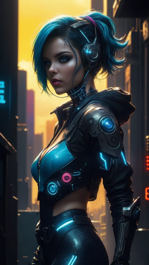 (Photorealistic:1.4) image of a cyber punk girl, (top-quality, 8K, 32K, masterpiece) , (dynamic pose), ((facing camera)), cowboy shot, shapeless hair, blue color hair, colorful cyberpunk fashionwear, ,depth of field f/1.8, cyberpunk city background, soft lighting.