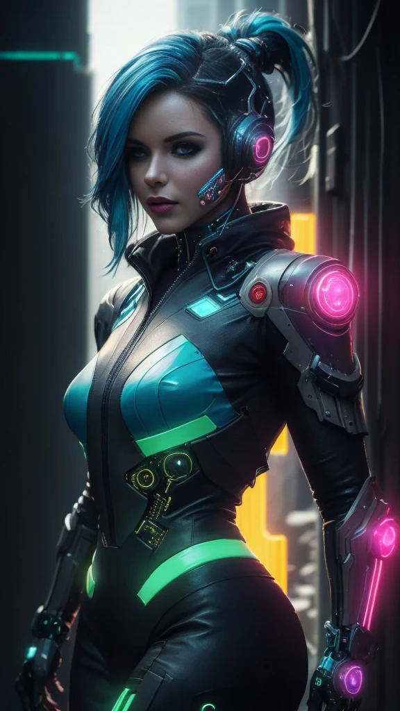 (Photorealistic:1.4) image of a cyber punk girl, (top-quality, 8K, 32K, masterpiece) , (dynamic pose), ((facing camera)), cowboy shot, shapeless hair, blue color hair, colorful cyberpunk fashionwear, ,depth of field f/1.8, cyberpunk city background, soft lighting.