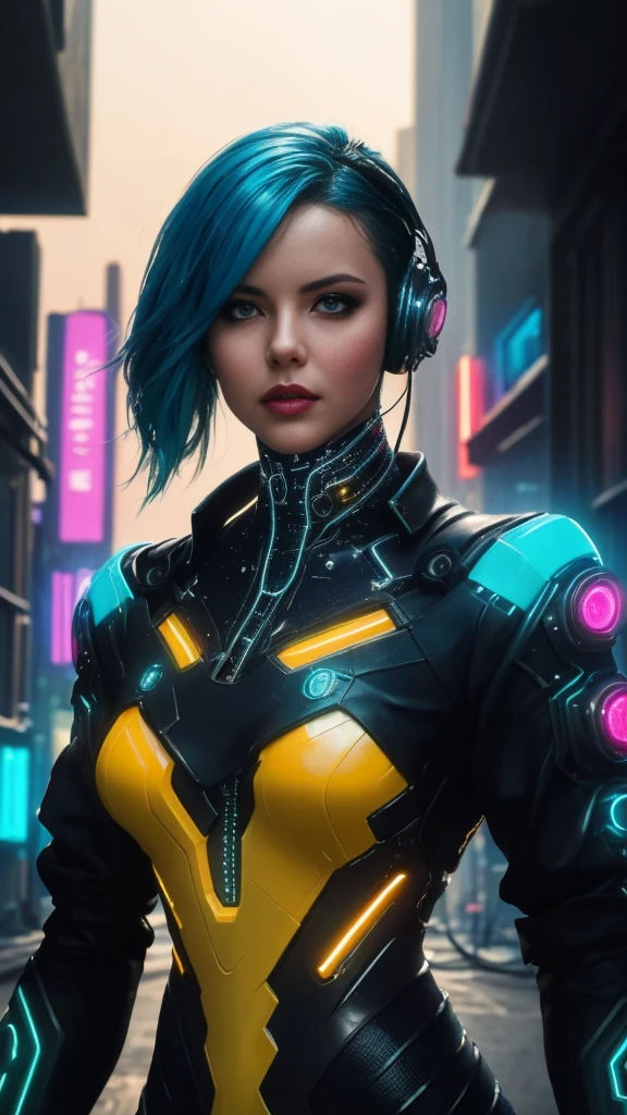 Unbeatable masterpiece, Ultra photo realsisim, Perfect Artwork, Intricate details, Best Quality, strong lights,High contrast,((Post apocalyptic futuristic Cyberpunk , outline):1.35) , ((masterpiece)),((Extremely detailed)) , ((extremely detailed and beautiful face)) , Smoky makeup, Perfectcomposition , intricate detailes , neon light , neon trim, (full body Esbian:1.25) , (Official art) , Very delicately beautiful cyberpunk girl, long blue colored hair blowing in the wind, vibrant yellow eyes, long detailed eyelashes, huge enormously gigantic tits, cleavage showing, wearing highly detailed futuristic hooded battle armor, tons of tattoos and piercings(1girl:1.3) , Solo , (glass screen:1.2) , (Clear glass) , Tindall Effect , Colorful refraction , visual impact , (High light contrast) , Colorful , Melt , (Cyberpunk:1.2) ,(flinch :1.4) ,