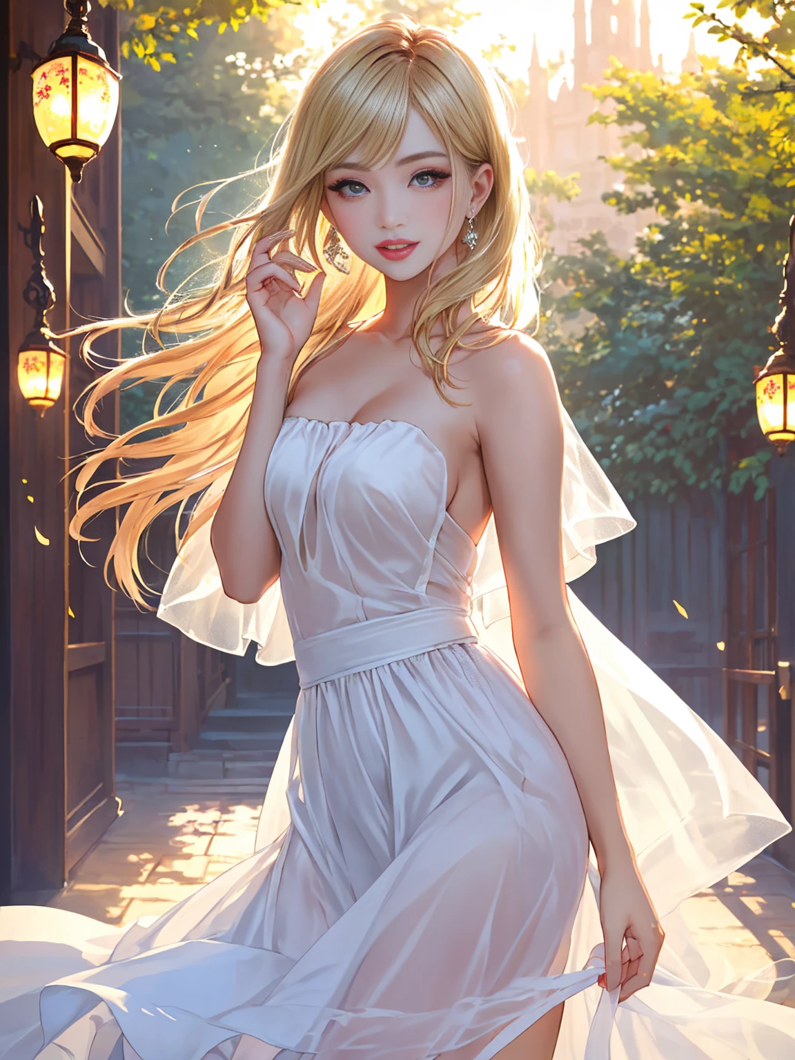 Your influencer character(milf with blond hair) with long, dark hair dancing on a beautiful restaurant on the roof top. gorgeous table decorated with candles in the background. She is dressed in a flowy sundress (stylish party attire ) and has a joyful expression on her face. The style is bright and colorful, capturing the energy and fun of the moment.