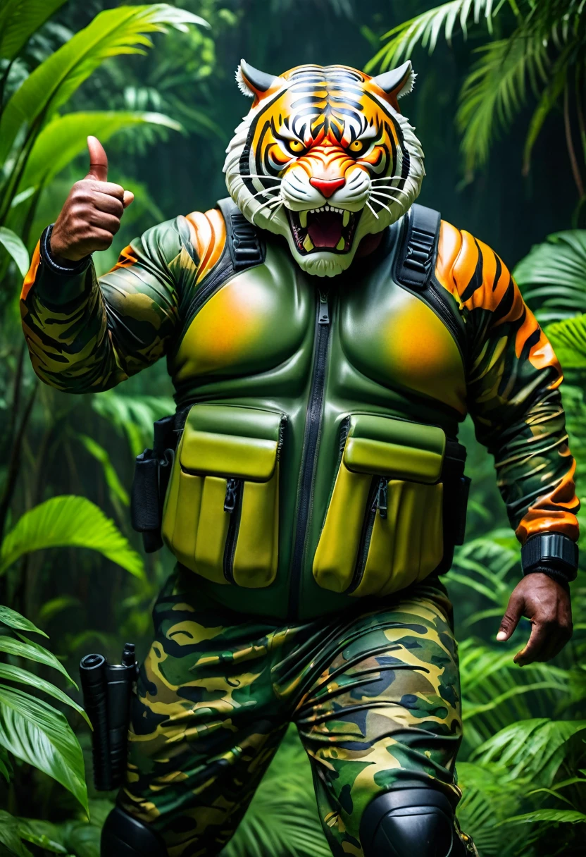 (a dark-skinned fat old man in a bulky army camouflage zipper diver suit), wearing a realistic roaring (tiger mask), thumbs up, carrying a gun holster, muscular physique, imposing stature, Basuki Abdullah style, sumatraism, action, (a character portrait), heroic, fierce, snarling, vibrant colors, deep shadows, intense lighting, dramatic atmosphere, jungle background with verdant greenery, visual depth, lucid detail, ultra-detailed, ultra-realistic, professional, best quality, angry.